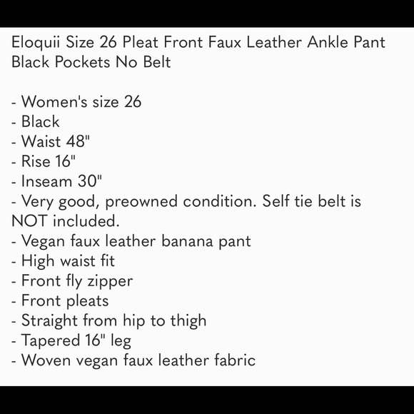 Eloquii Size 26 Pleat Front Faux Leather Ankle Pant Black Pockets No Belt - Picture 9 of 9